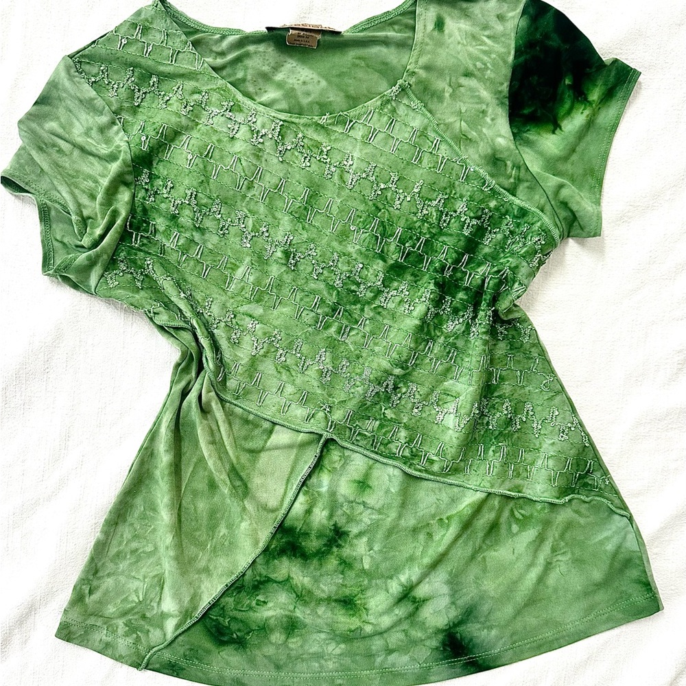 Notations Green Tie-Dye Embroidered Top